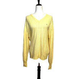 Vintage Christian Dior Monsieur Yellow Cable Knit Sweater L V-Neck Logo Pullover